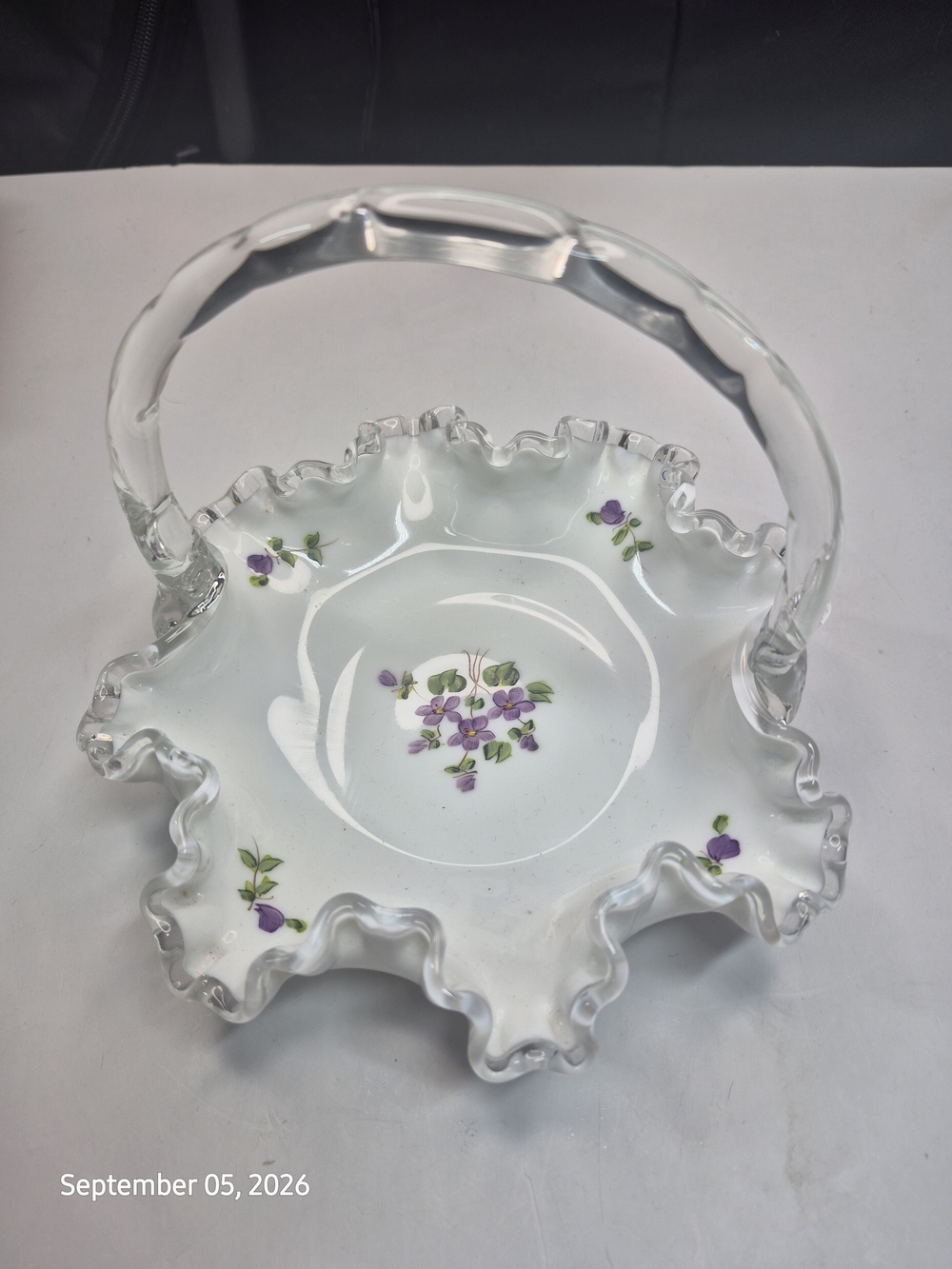 Vintage Fenton Basket Silver Crest Violets In The Snow
